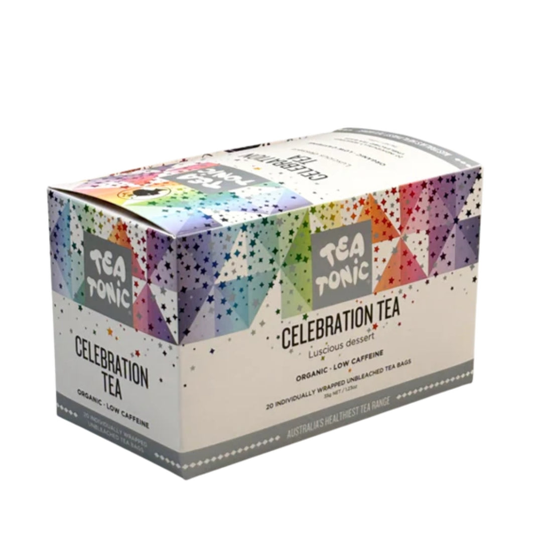 Tea Tonic Celebration Tea 20 Teabags Box – vegan, gluten-free dessert-style tea blend with butterfly pea flower, green tea and monk fruit, naturally sweet and low caffeine.