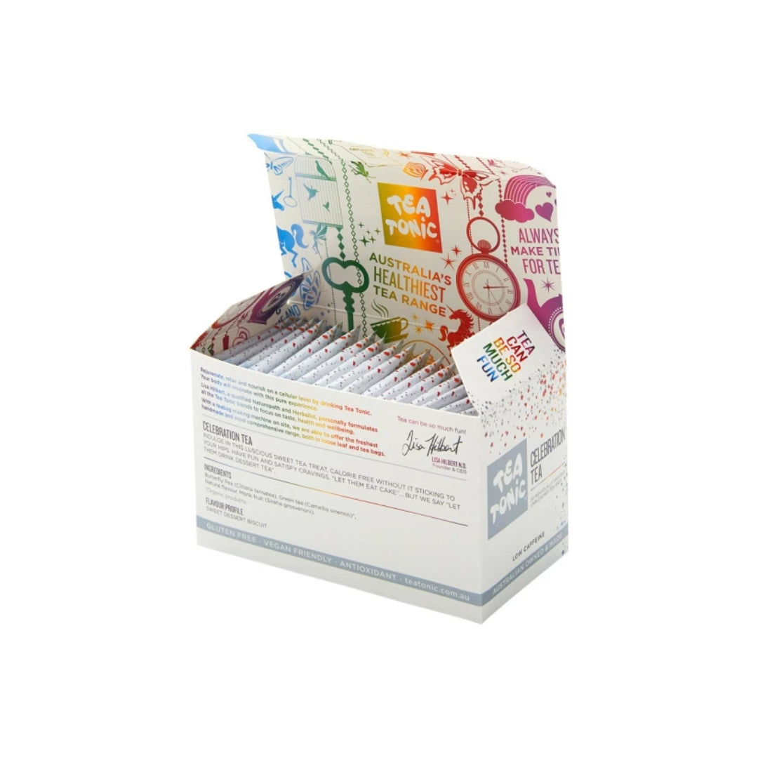 Open Tea Tonic Celebration Tea box showing 20 individually wrapped teabags of dessert-inspired vegan tea blend made with butterfly pea and green tea.