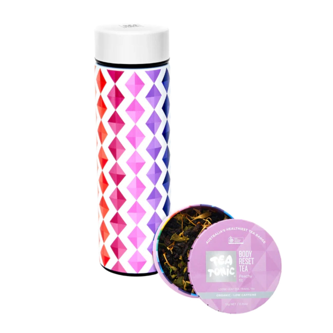 Tea Tonic Thermal Tea Bottle With Infuser 450ml and Body Reset Tea Loose Leaf Travel Tin – stainless-steel wellness bundle for detox and hydration, vegan and eco-friendly.