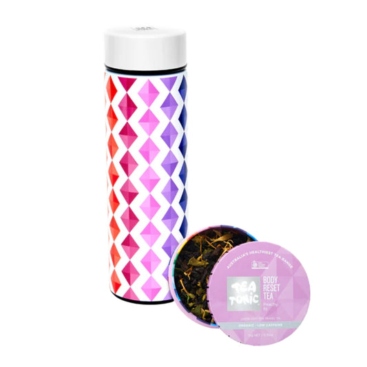 Tea Tonic Thermal Tea Bottle With Infuser 450ml and Body Reset Tea Loose Leaf Travel Tin – stainless-steel wellness bundle for detox and hydration, vegan and eco-friendly.