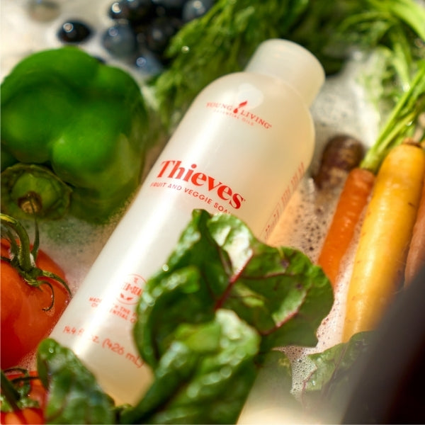 Thieves Fruit & Veggie Soak fruit and vegetable rinse for cleaning organic and conventional produce before eating.