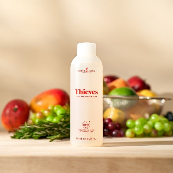 Thieves Fruit & Veggie Soak natural fruit wash and vegetable cleaner with essential oils for safe produce preparation.