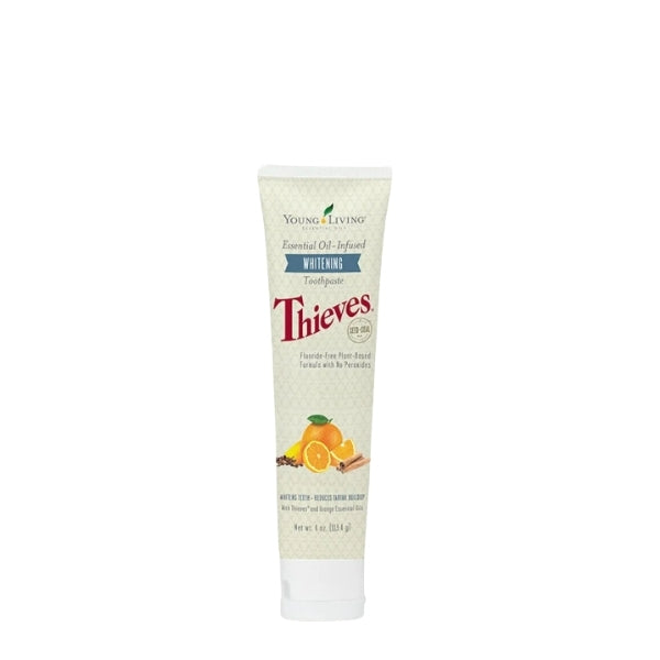 Thieves Whitening Toothpaste natural fluoride free whitening toothpaste with essential oils for stain removal, fresh breath and daily oral care.