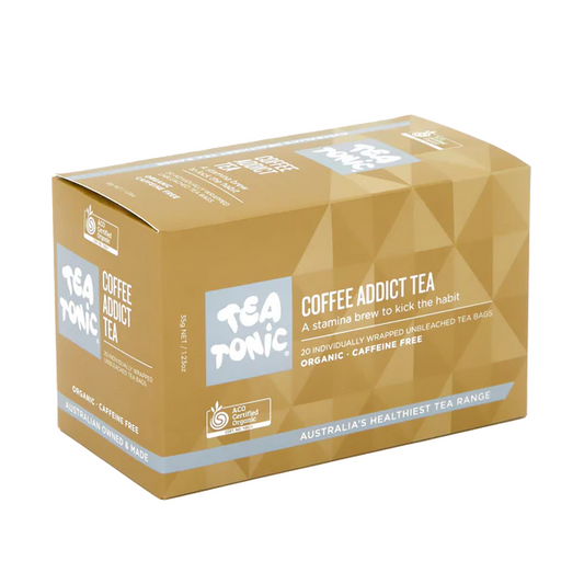 Tea Tonic Coffee Addict Tea is a stimulating, yet stabilising alternative to caffeine that will add a spring to your step. Complex yet perfectly balanced, smooth and satisfying. This tea has a freshly brewed aroma that will soothe your strongest coffee cravings. Coffee Addict Tea will get you through your day without compromising your health and inner balance. 
Roasted Dandelion root for liver detox, ginseng gives you stamina and Native Wattleseed gives it a true rich flavour. 
