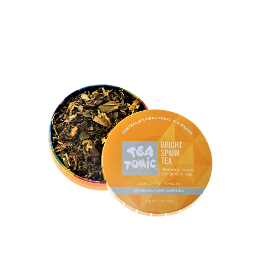 Tea Tonic 1L glass tea bottle with stainless steel infuser beside sealed Bright Spark loose leaf travel tin – eco-friendly tea brewing set.