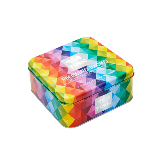This 4 cavity Mini Gourmet Tea Chest contains a combination of organic and non-organic teas.
Sample the whole range of Tea Tonic teas with 33 individually wrapped, unbleached teabags, beautifully presented in a gourmet tin mini tea chest.