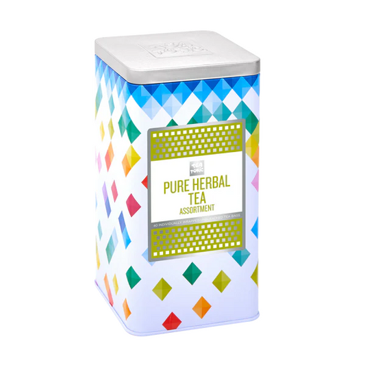 A colourful array of Tea Tonic's Pure Herbal Tea Assortment in a tall display tin. 
The Pure Herbal Tea Assortment contains a mixture of 40 individually wrapped, unbleached, herbal teabags. Spoil someone special with a selection of herbal teas! 