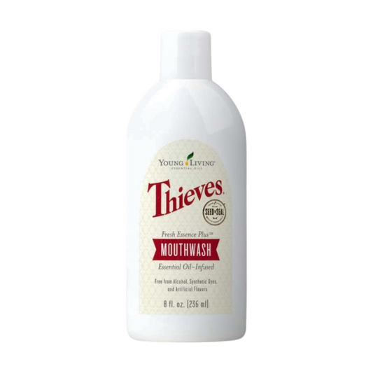 Even with regular brushing, children and adults can miss areas of the teeth and gums. Thieves Fresh Essence Plus Mouthwash freshens and provides a whole-mouth clean using the signature Thieves oil blend - a carefully crafted mix of Clove, Lemon, Cinnamon Bark, Eucalyptus, and Rosemary essential oils.
Your teeth and gums will benefit from an invigorating cleans that's free from harsh alcohol and artificial dyes and flavours. 