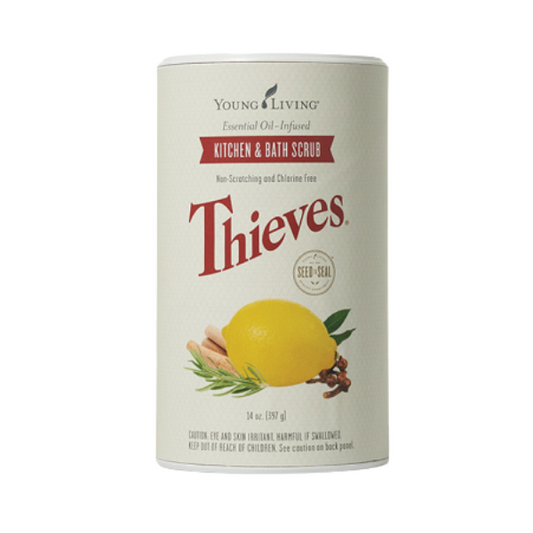 Thieves Kitchen and Bath Scrub gives you the power of a surface scrub free of harmful chemical smells and residue. It's tough scrubbing power from nepheline syenite, a mineral obtained from responsibly mined sources in Ontario, Canada; baking soda that gently absorbs odours; sodium per-carbonate that releases oxygen when combined with water, providing a powerful boost of cleaning power against tough stains; and Young Living’s signature Thieves blend.