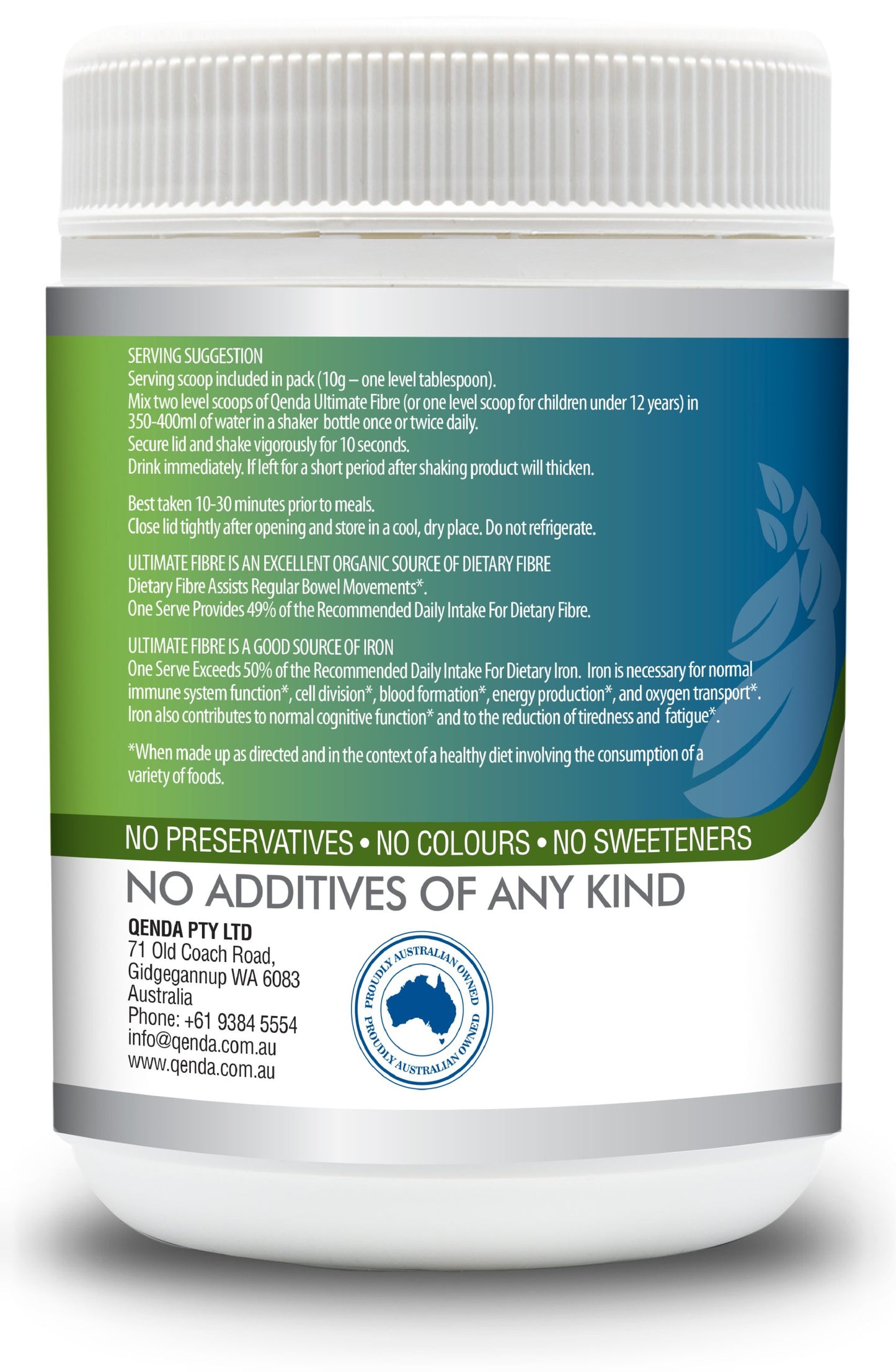 Qenda Ultimate Fibre is a food containing a powerful combination of premium herbs rich in fibre.
Qenda Ultimate Fibre is also a good source of iron.