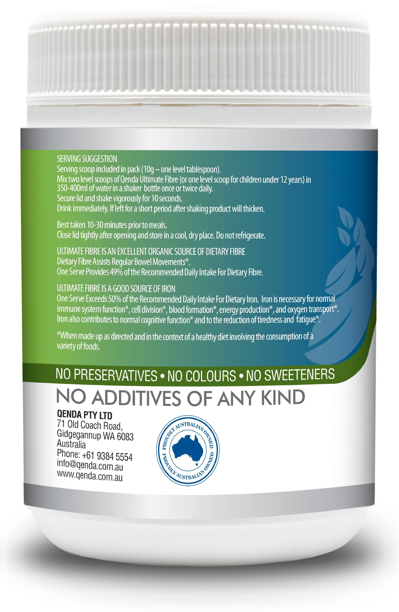 Qenda Ultimate Fibre is a food containing a powerful combination of premium herbs rich in fibre.
Qenda Ultimate Fibre is also a good source of iron.