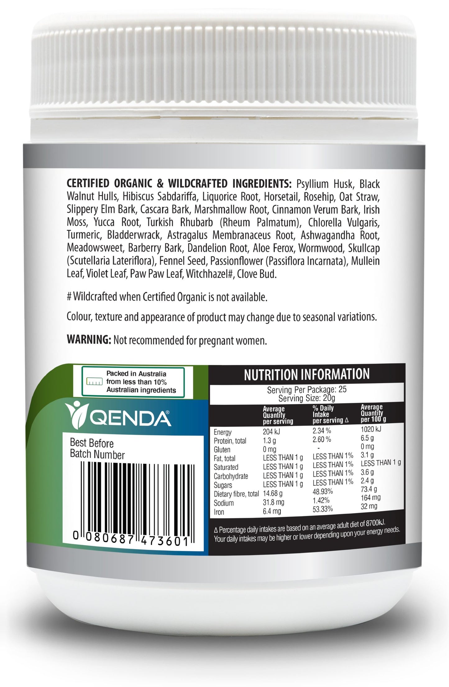Qenda Ultimate Fibre is a food containing a powerful combination of premium herbs rich in fibre.
Qenda Ultimate Fibre is also a good source of iron.