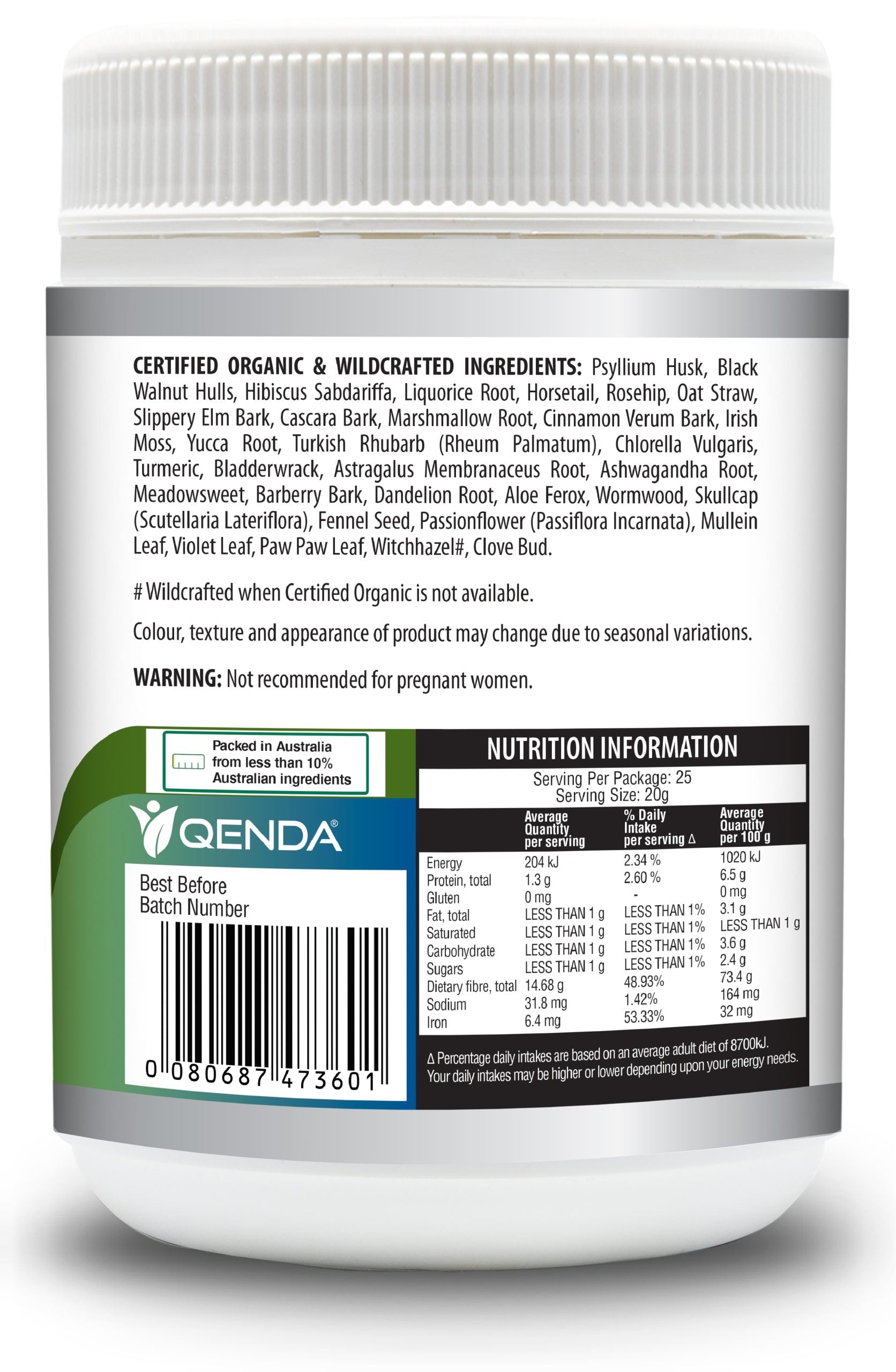Qenda Ultimate Fibre is a food containing a powerful combination of premium herbs rich in fibre.
Qenda Ultimate Fibre is also a good source of iron.