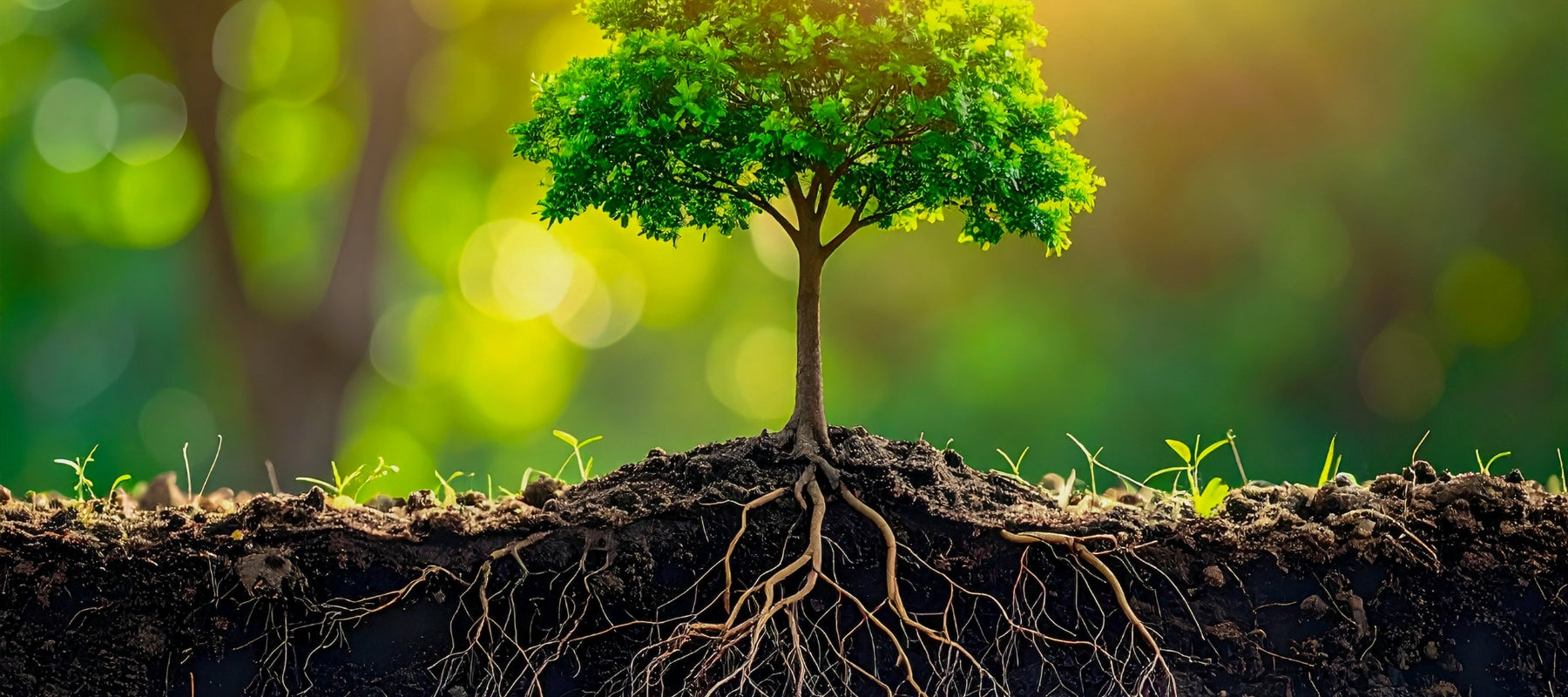Tree with roots emerging from soil against a blurred green background