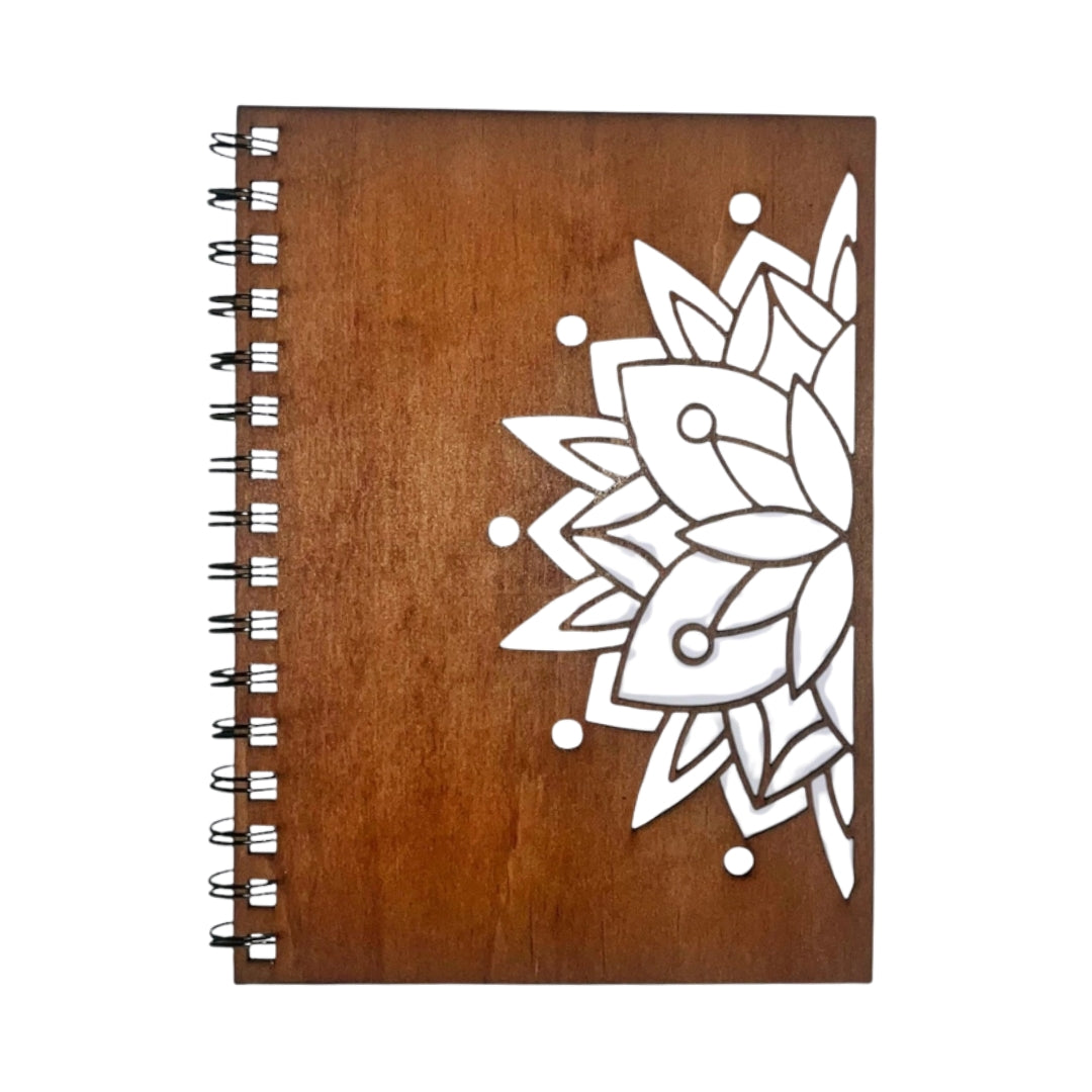 Wildwood Pages Mandala Wooden Notebook – handcrafted Australian A5 journal with timber cover engraved mandala design, 100 lined pages.