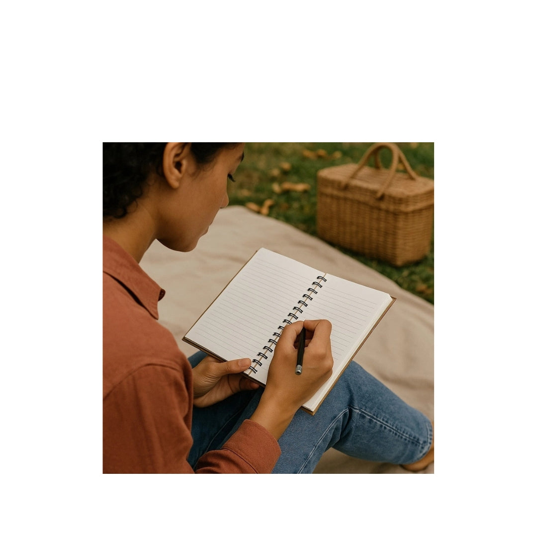 Wildwood Pages Mandala Wooden Notebook open to show the lined pages, timber cover and hand-made binding for sustainable journalling.