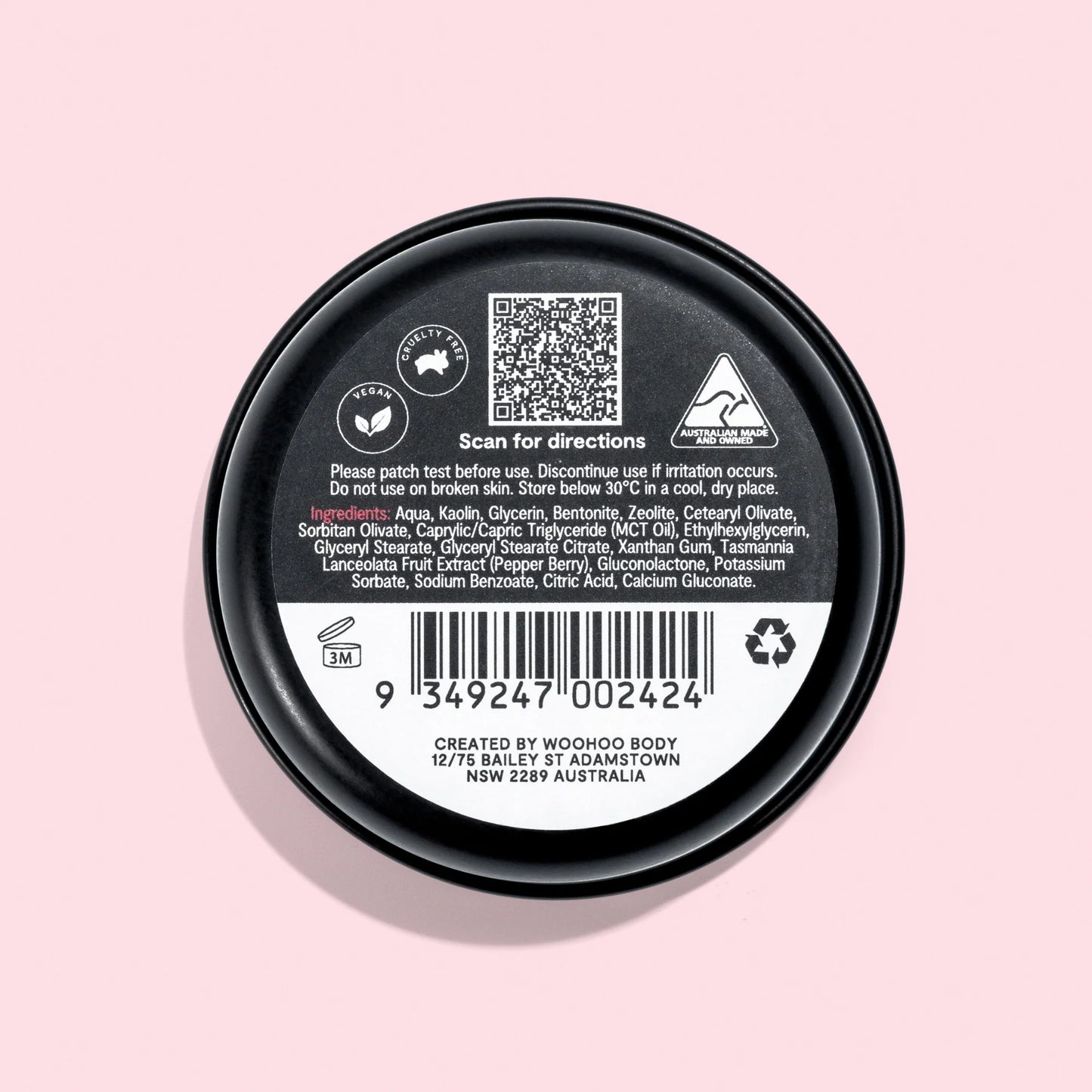 Woohoo Body Armpit Detox Mask 50g ingredients label Australian made natural underarm detox clay mask for natural deodorant transition aluminium free deodorant support.