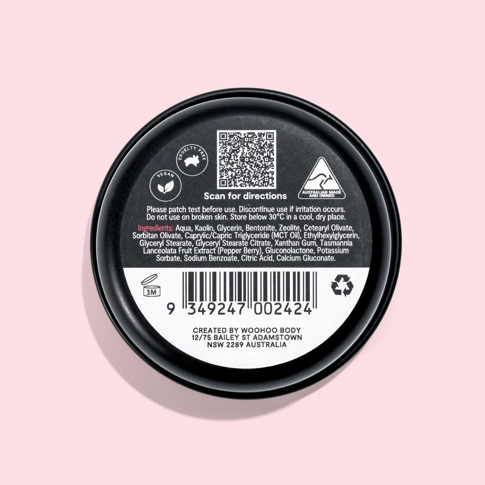 Woohoo Body Armpit Detox Mask 50g ingredients label Australian made natural underarm detox clay mask for natural deodorant transition aluminium free deodorant support.