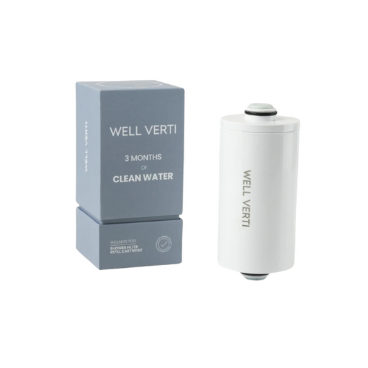 The Well Verti Wellness Pod Shower Filter Refill Cartridge removes chlorine, heavy metals, and other harmful chemicals from your water.