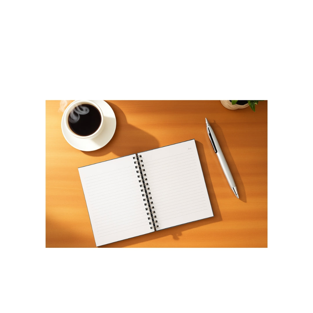 Wildwood Pages Mandala Wooden Notebook with a pen and a cup of coffee on a wooden surface.