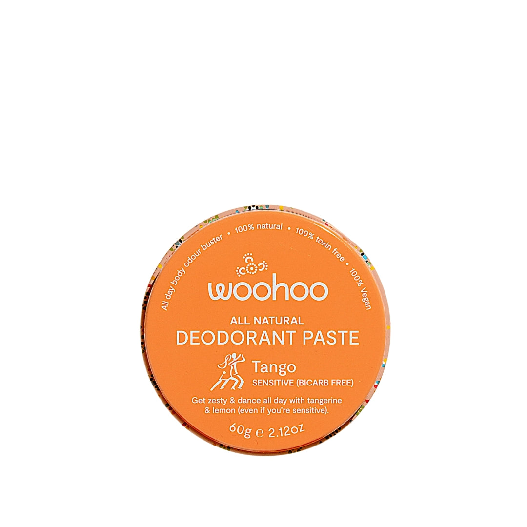 Woohoo Body All Natural Deodorant Paste Tango – bicarb-free regular strength natural deodorant in recyclable tin.