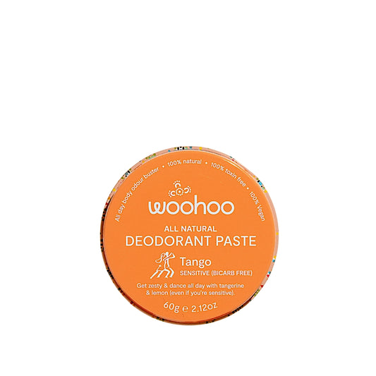 Woohoo Body All Natural Deodorant Paste Tango – bicarb-free regular strength natural deodorant in recyclable tin.