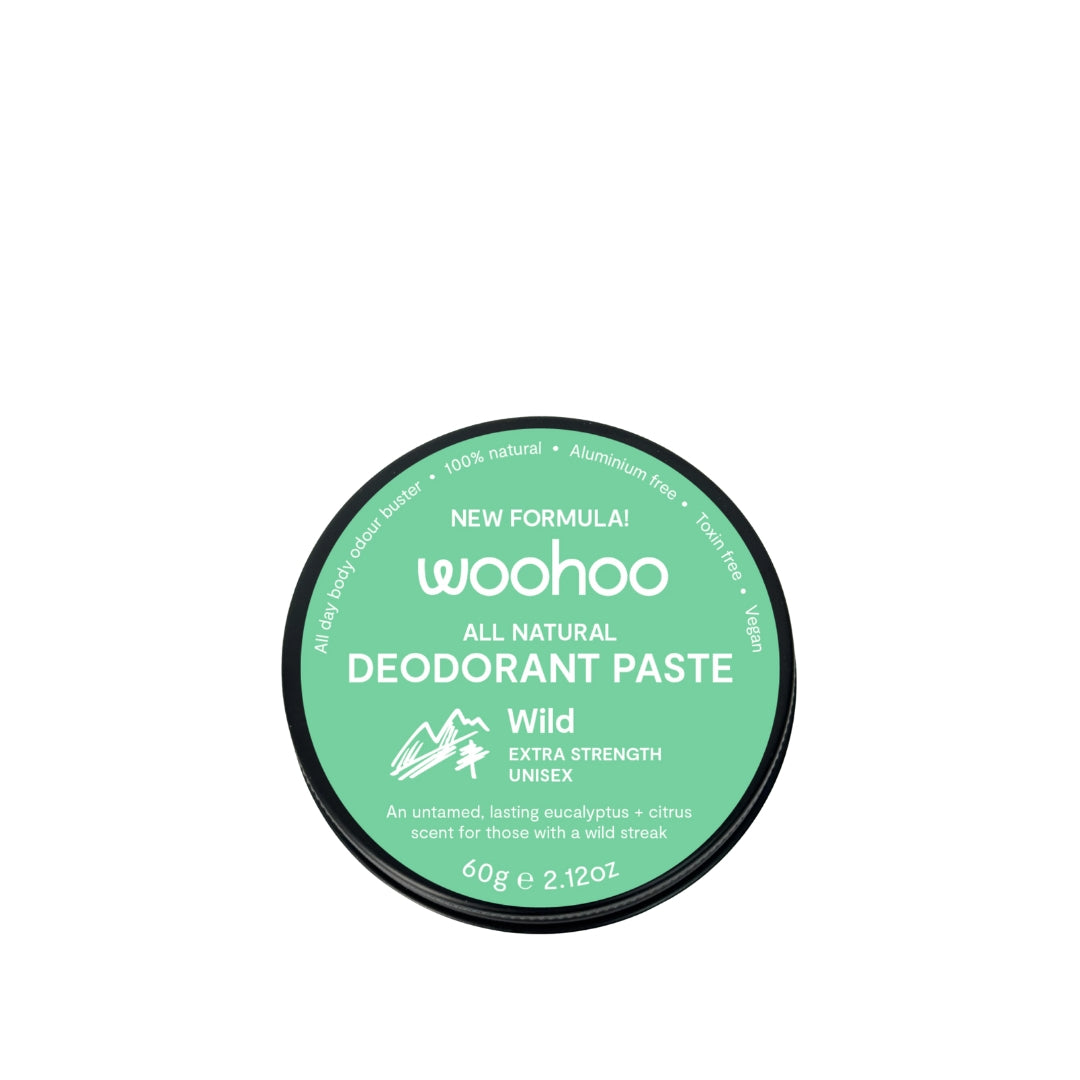 Woohoo Body All Natural Deodorant Paste Wild – extra strength natural deodorant in recyclable tin.