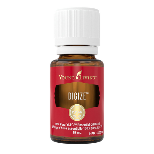 DiGize essential oil blend has a spicy, exotic scent that is great for diffusing before or after large meals or applying topically to the abdomen for a calming aromatic experience.