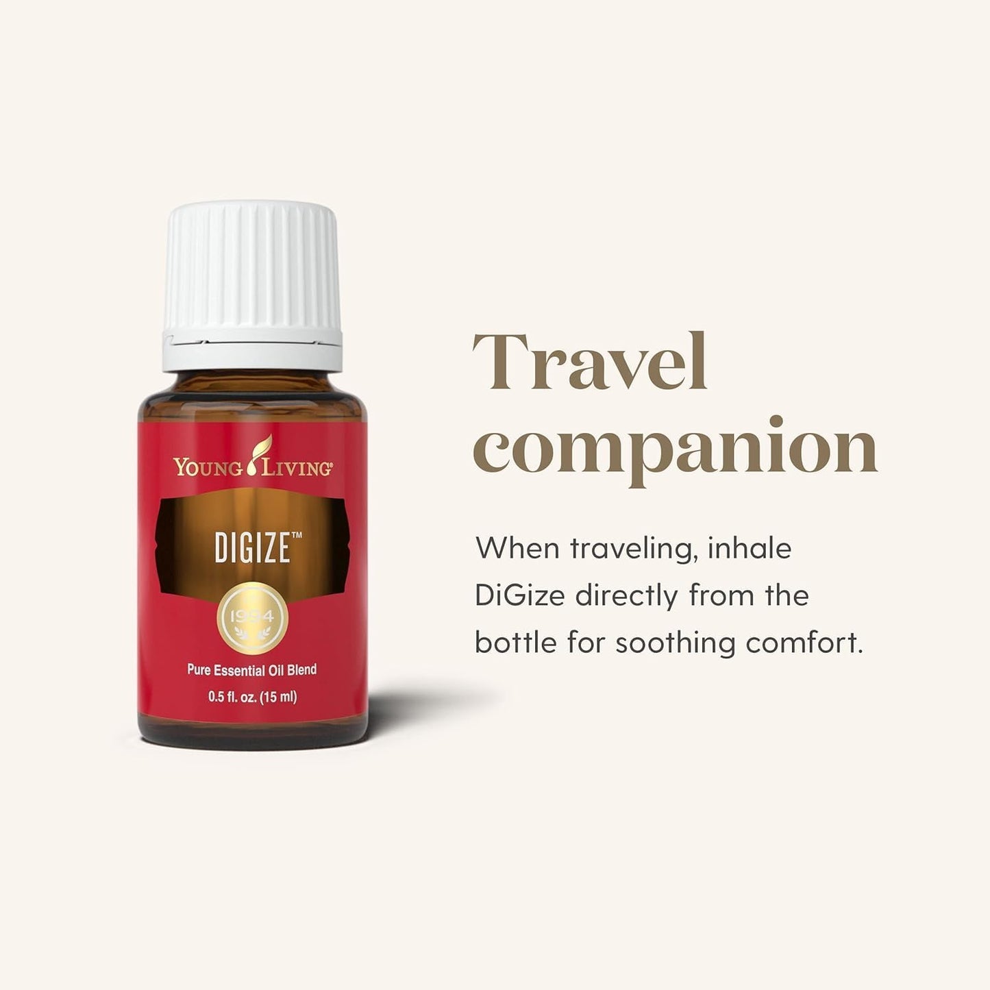 Young Living DIGize essential oil bottle on a light beige background with text about using it for travel.