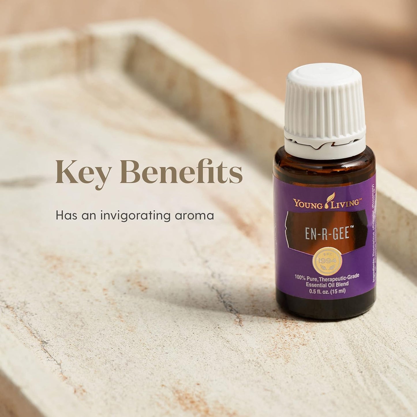 Young Living En-R-Gee Essential Oil 15ml with listed benefits for energy, alertness and mental clarity.