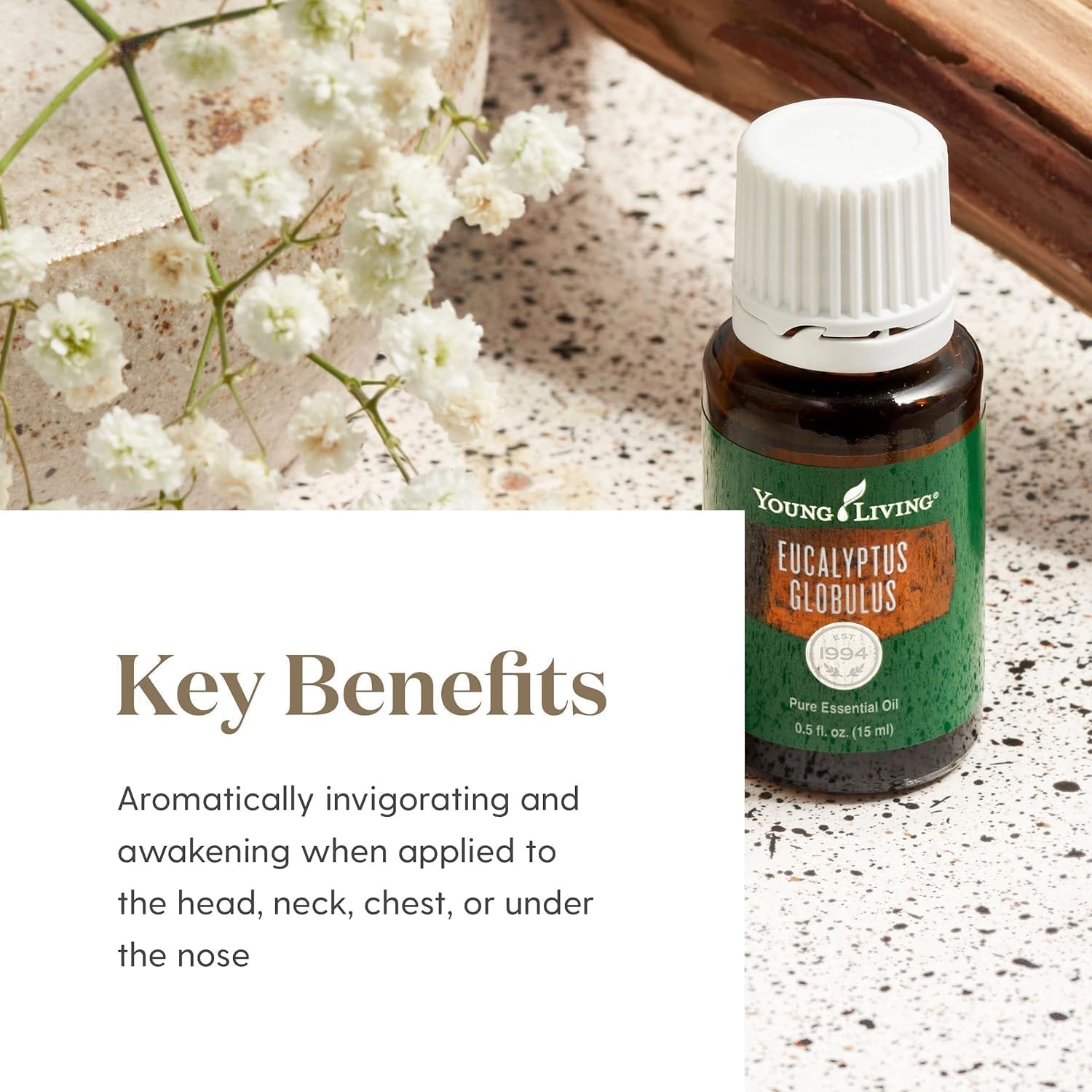 Young Living Eucalyptus Globulus Essential Oil 15ml with listed key benefits for refreshing, cleansing aroma and clarity.