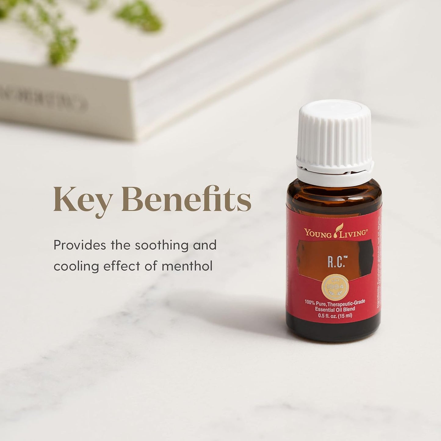 Young Living R.C. Essential Oil 15ml with listed benefits for respiratory comfort, energy and refreshing aroma.