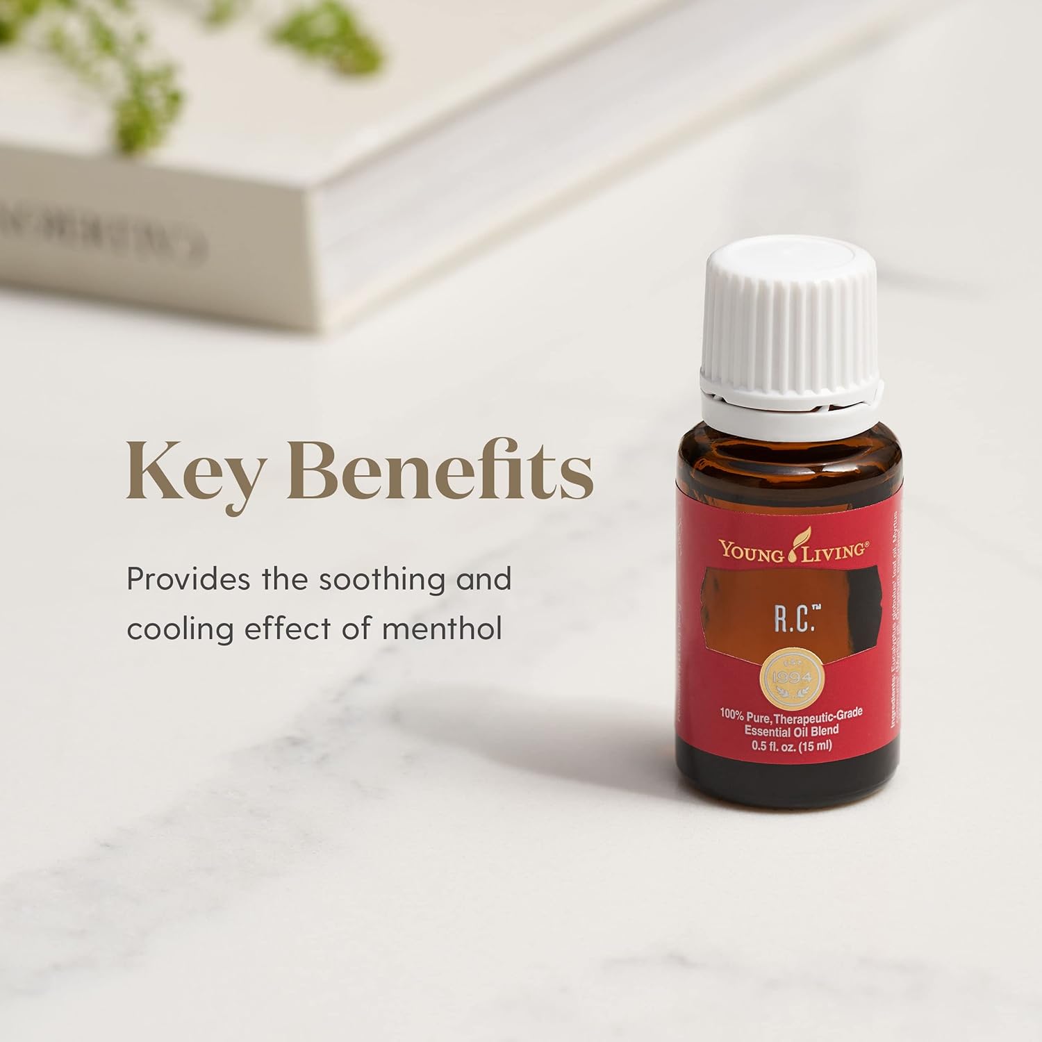 Young Living R.C. Essential Oil 15ml with listed benefits for respiratory comfort, energy and refreshing aroma.
